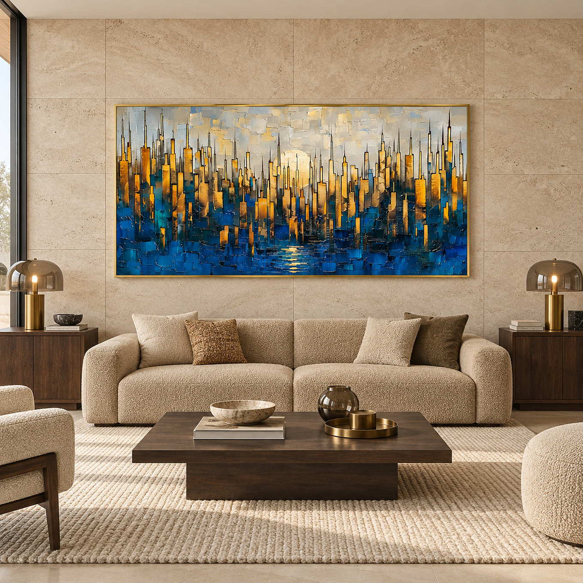 Blue and gold-toned skyline painting above a curved cream sofa with twin table lamps.