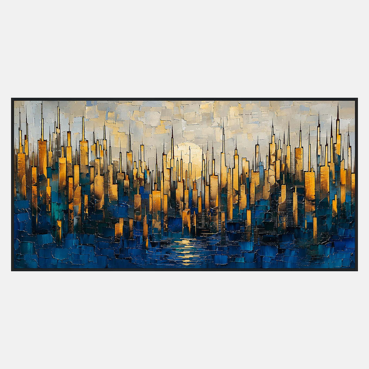 Wide abstract cityscape with narrow gold-toned towers, dark outlines, deep blue lower blocks, and a pale golden circle behind the center.