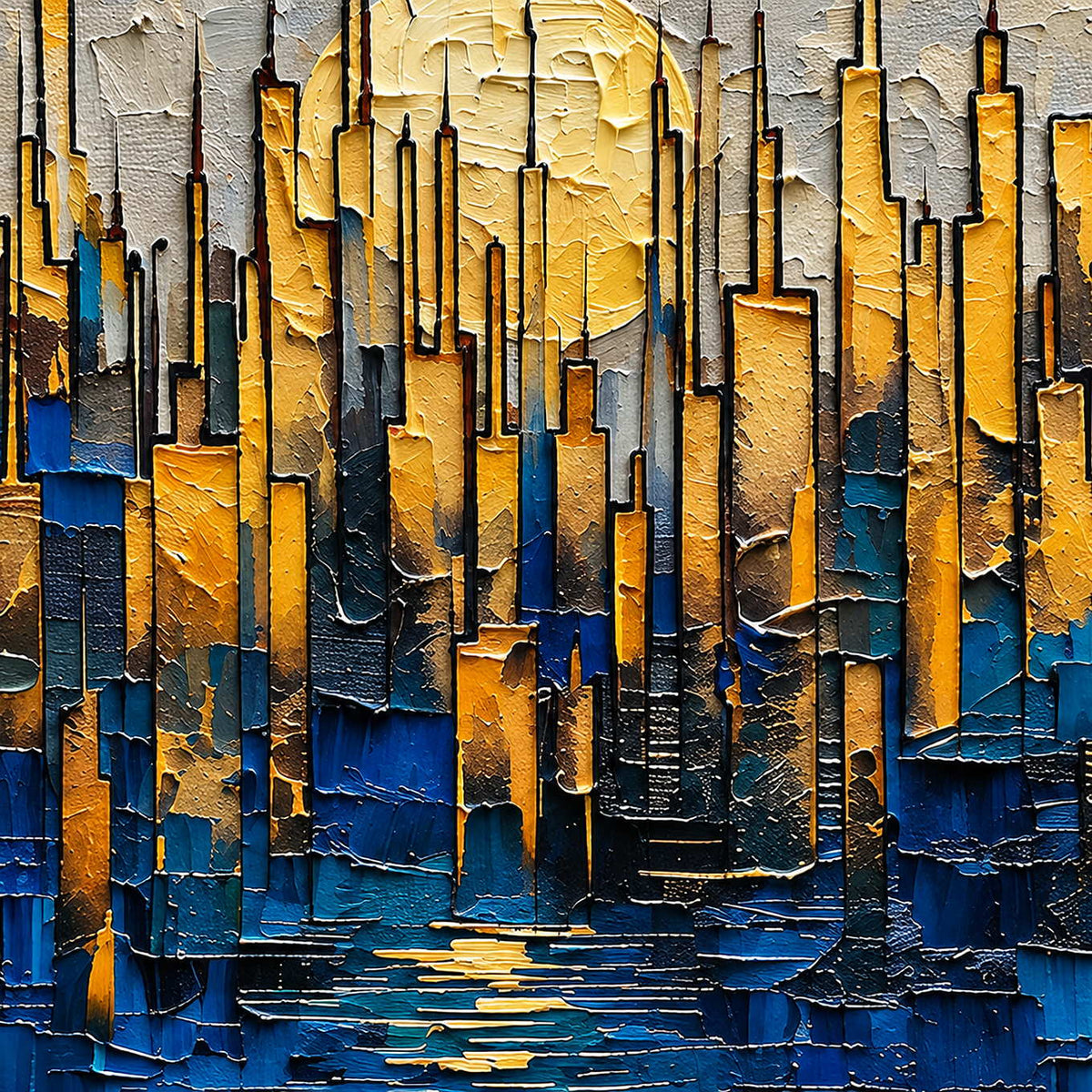Detail of outlined golden towers over blue blocks with a pale round glow and short golden reflection marks.