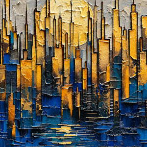 Detail of outlined golden towers over blue blocks with a pale round glow and short golden reflection marks.
