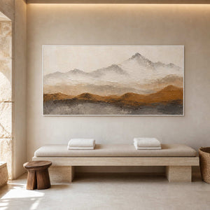 Earth-toned mountain painting in a serene spa changing area.