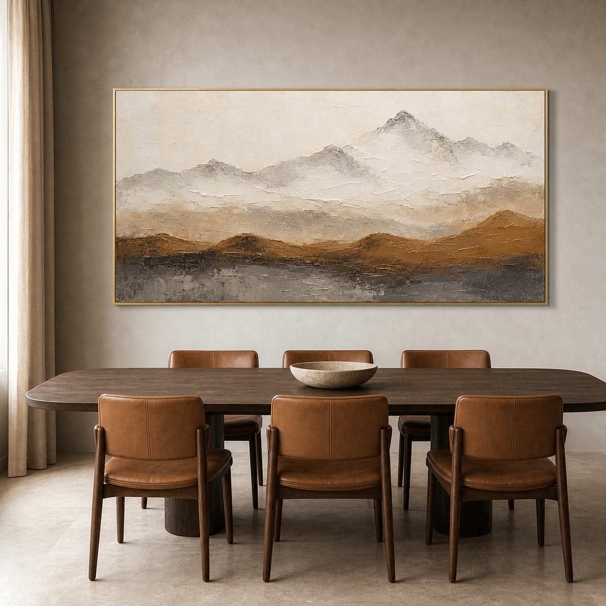 Earth-toned mountain wall art in a smoked-oak dining room.