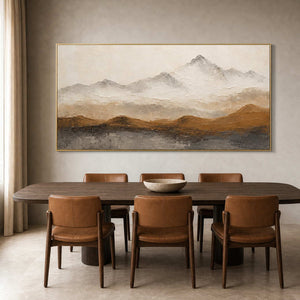Earth-toned mountain wall art in a smoked-oak dining room.