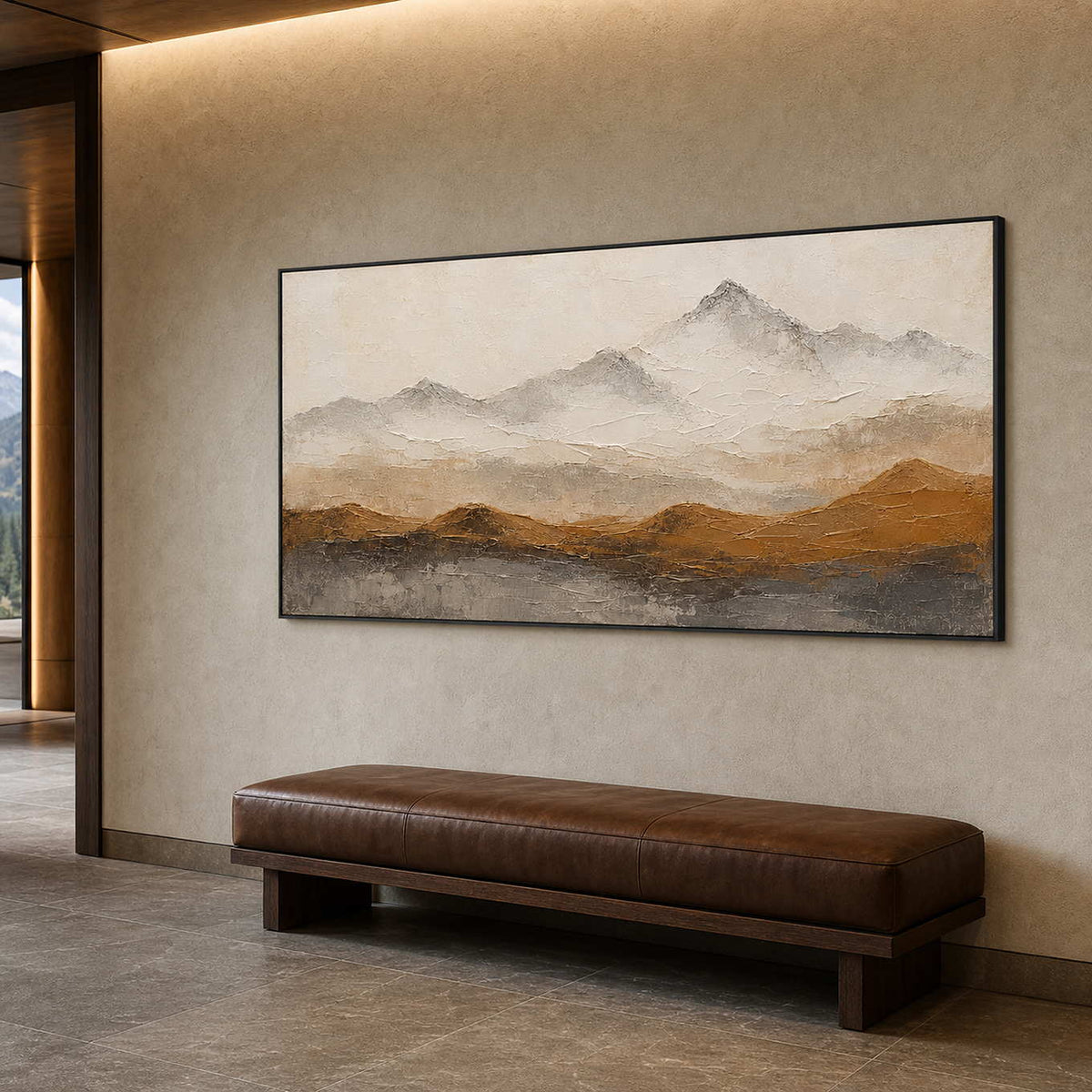 Neutral textured landscape along a mountain hotel corridor.