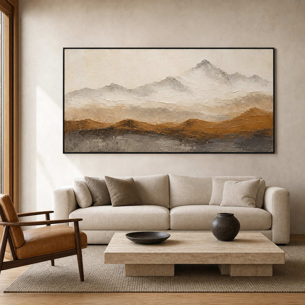 Textured neutral mountain wall art above a warm modern living room.