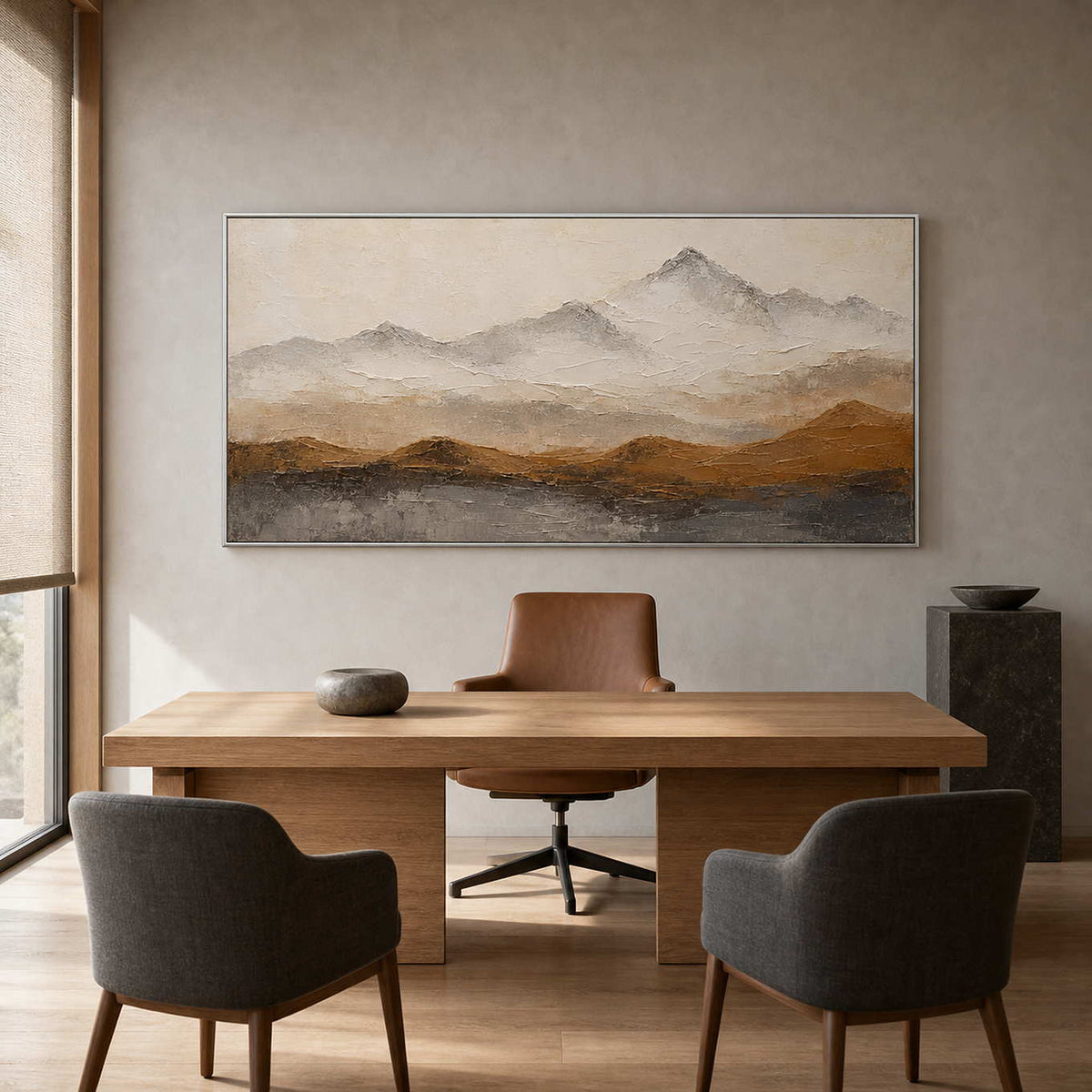 Panoramic textured mountain art in a refined architect's office.