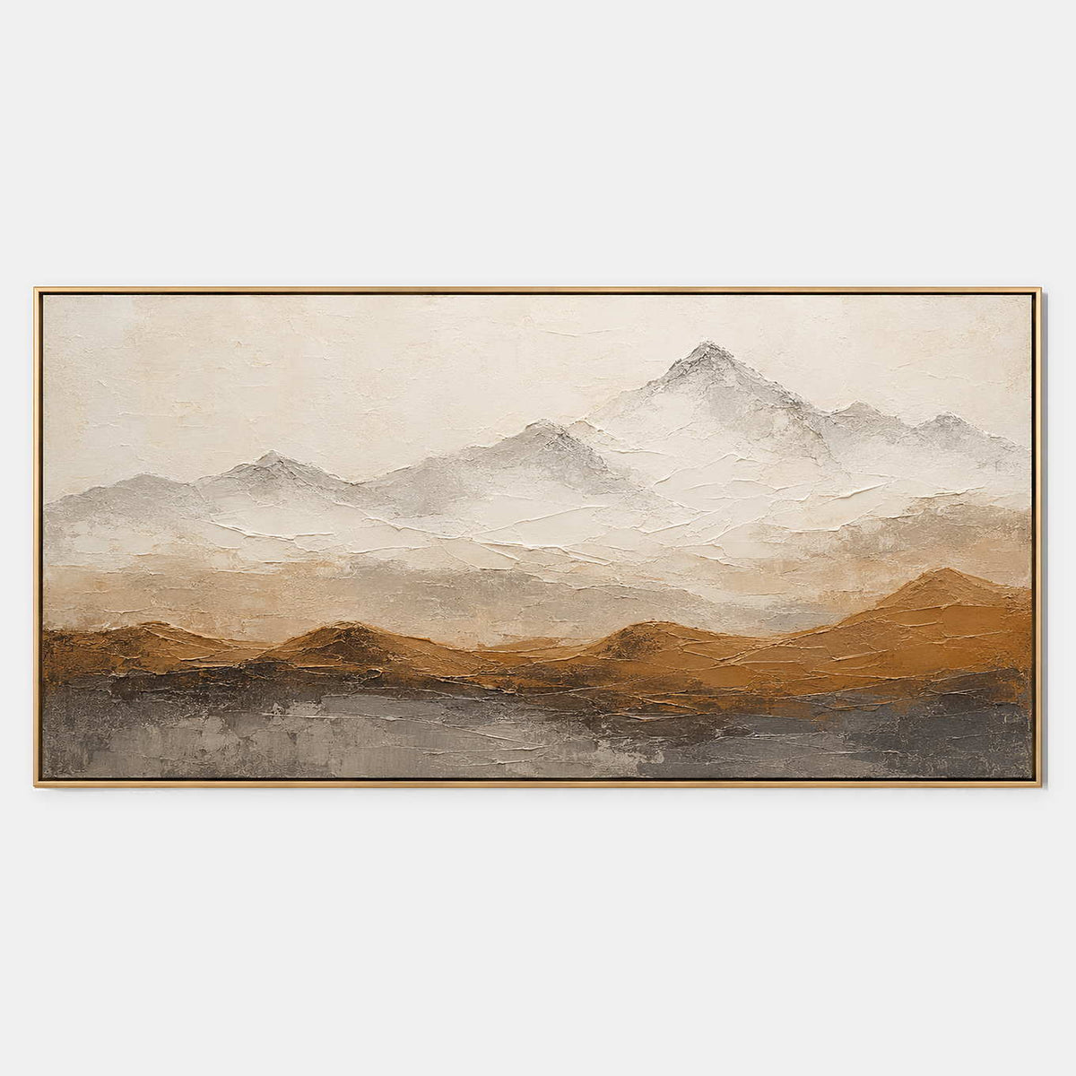 Panoramic ivory, taupe, ochre, and charcoal textured mountain painting.