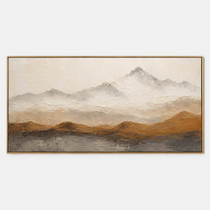 Panoramic ivory, taupe, ochre, and charcoal textured mountain painting.