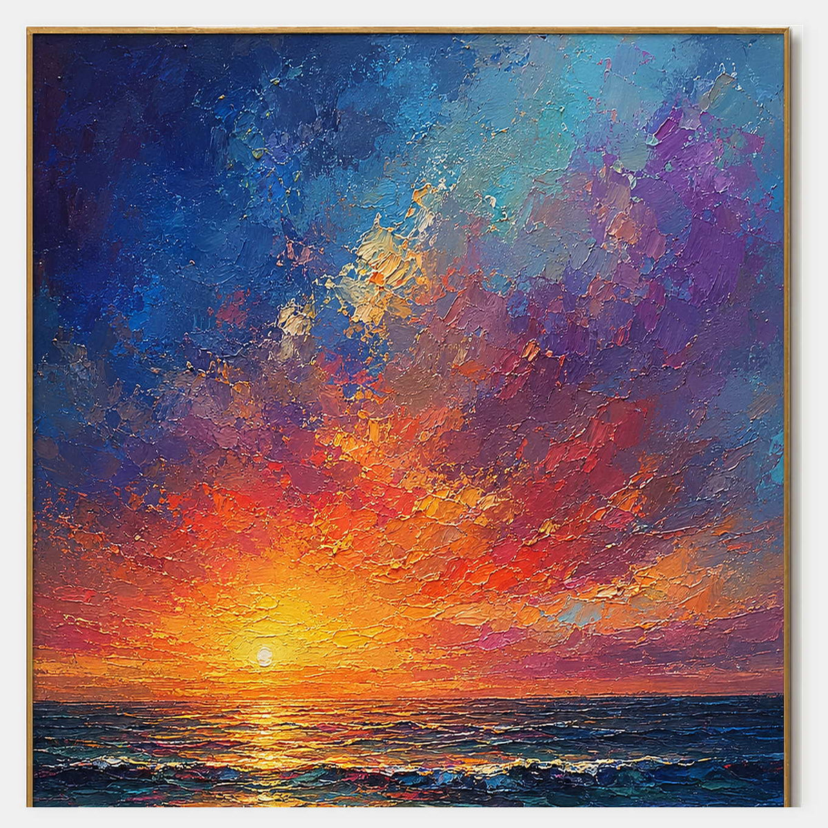 Hand-painted textured seascape wall art in warm tones, blue, and multicolor.