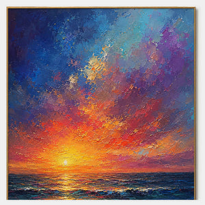 Hand-painted textured seascape wall art in warm tones, blue, and multicolor.