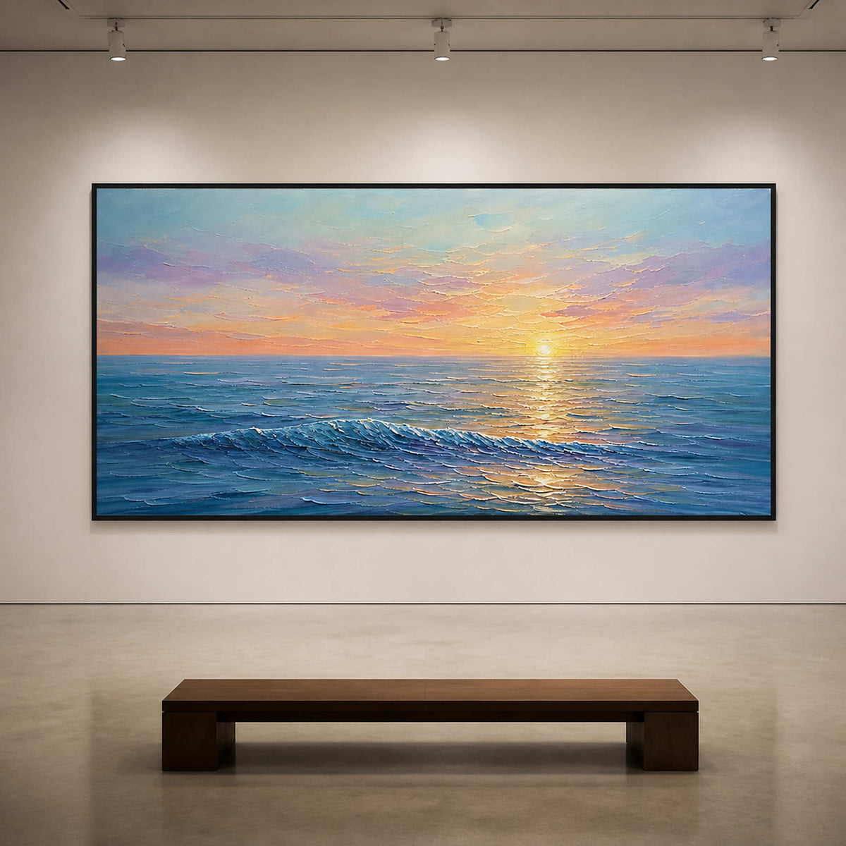 Textured sunset seascape viewed close-up in a contemporary gallery.