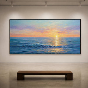 Textured sunset seascape viewed close-up in a contemporary gallery.