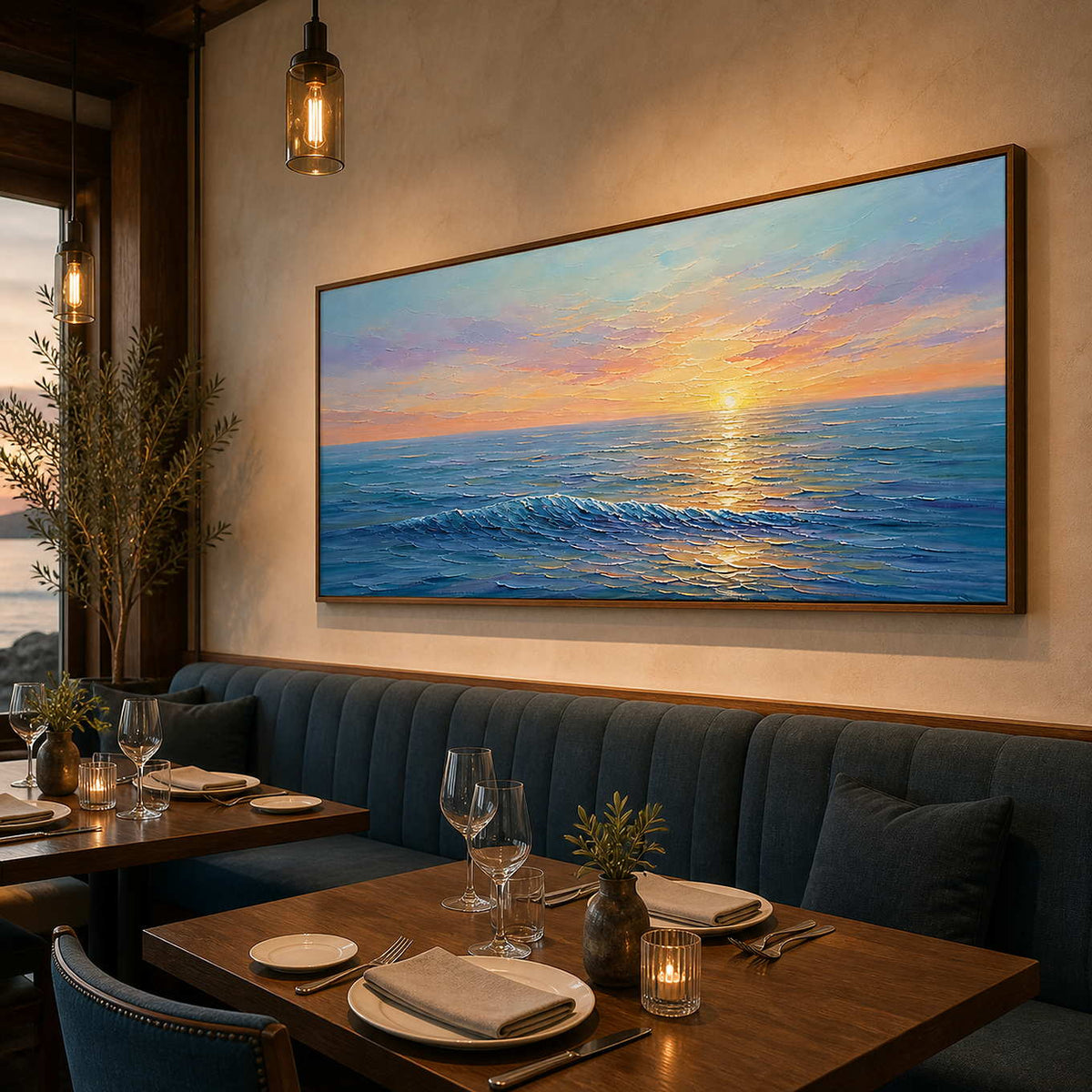 Textured ocean sunset painting displayed in an elegant dining room.