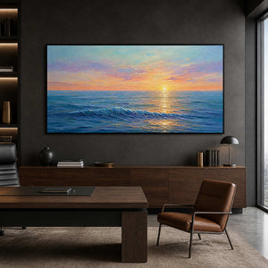 Blue and peach panoramic seascape displayed in an executive office.