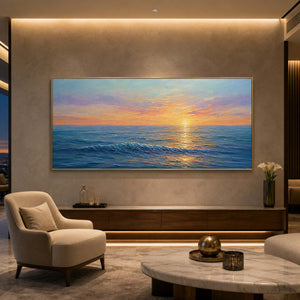 Luminous coastal sunset artwork displayed in a luxury hotel suite.