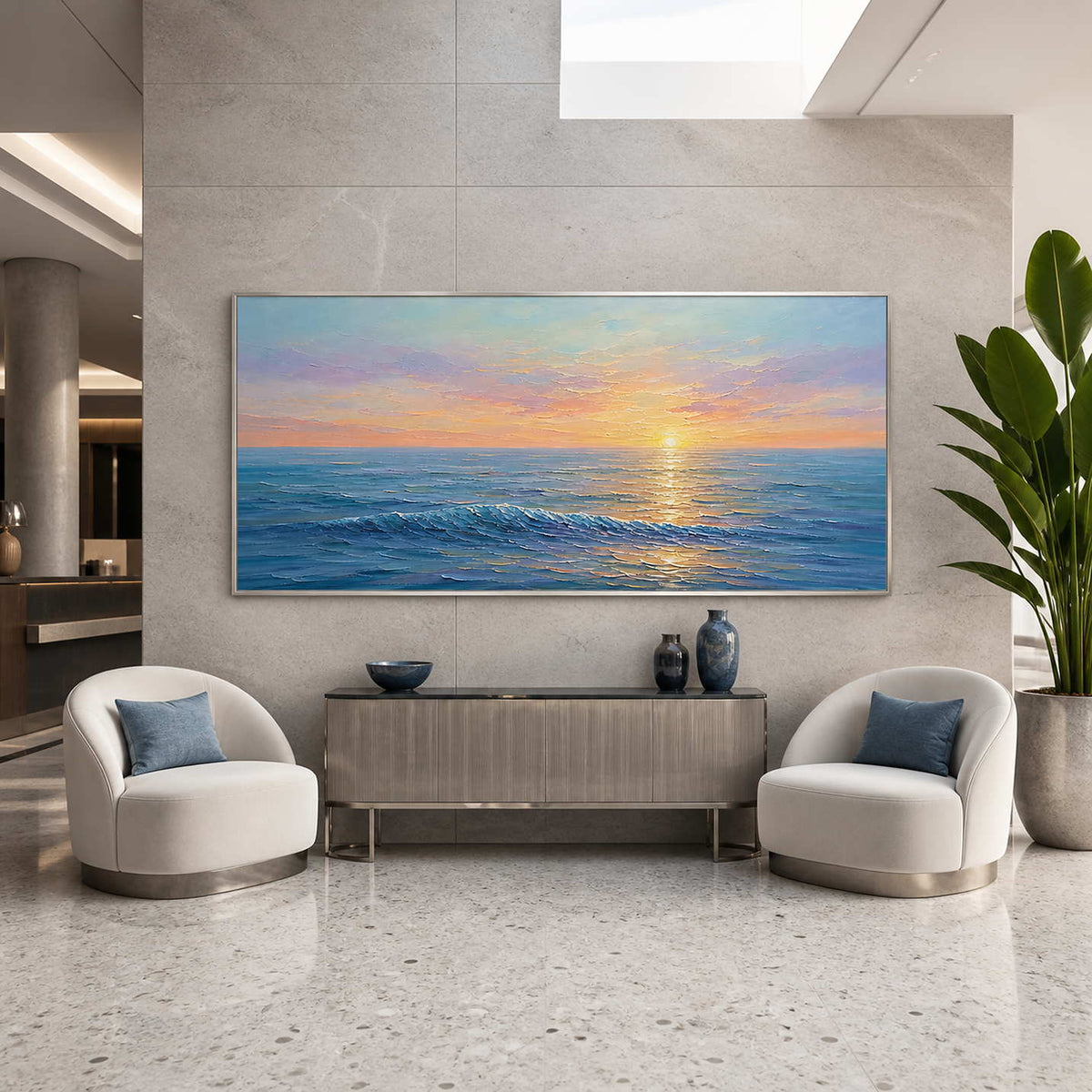 Colorful coastal wall art displayed in a refined resort hotel lobby.