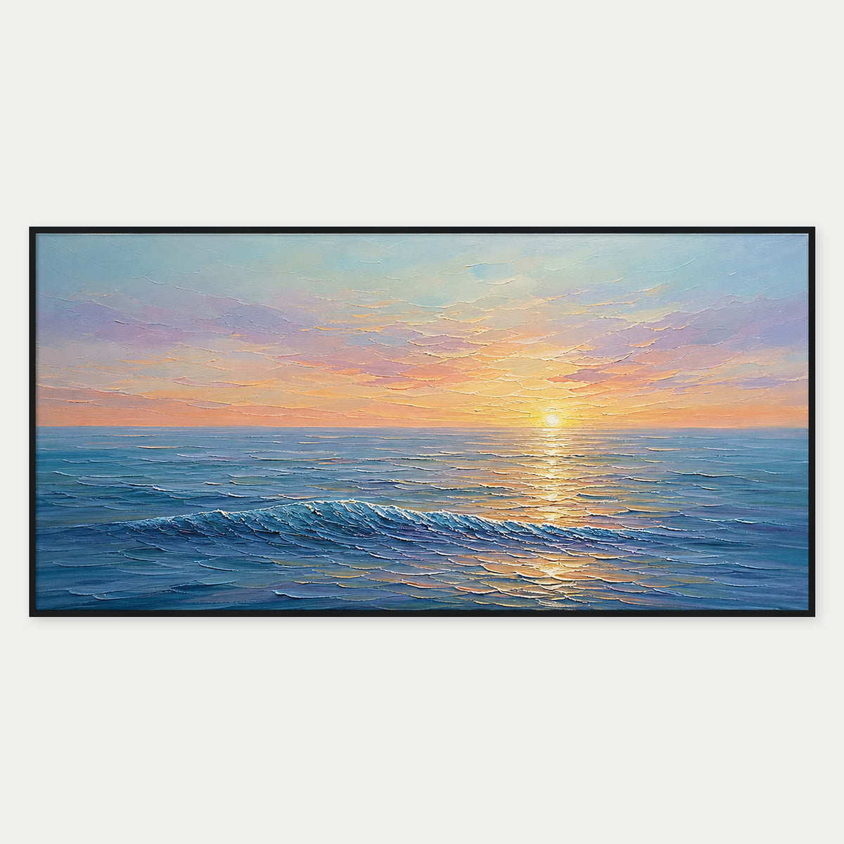 Turquoise waves reflecting a peach and lavender sunset in textured relief.