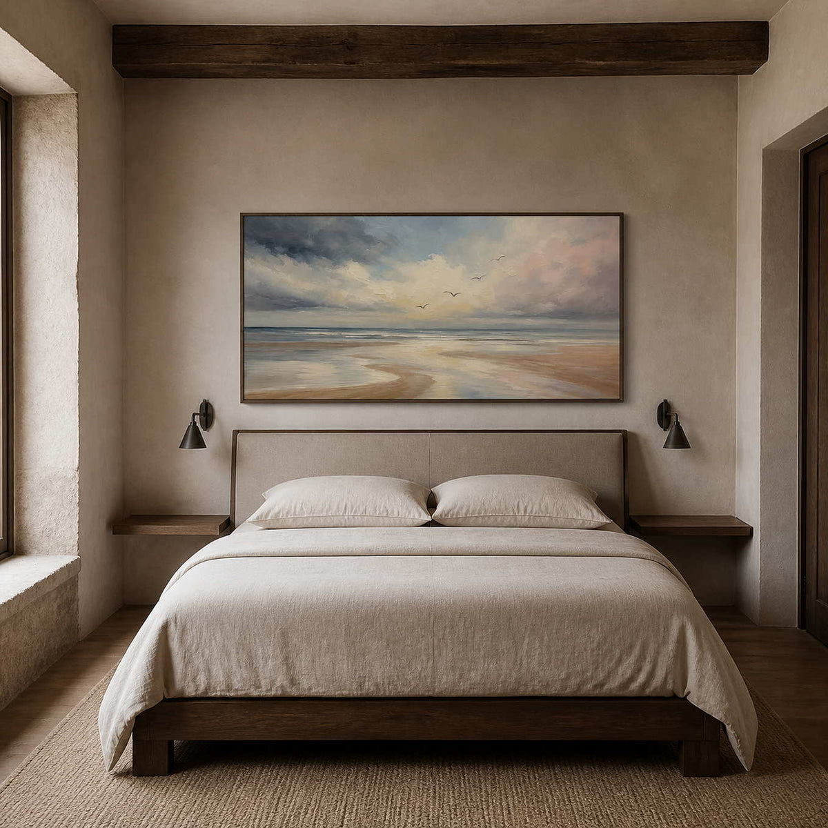 Textured coastal wall art above a calm Cornwall bedroom.