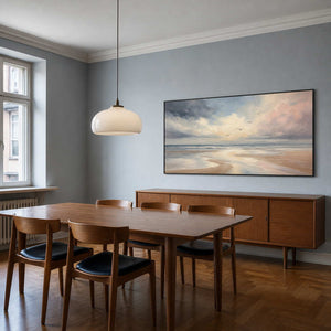 Textured coastal wall art displayed in a Copenhagen dining room.
