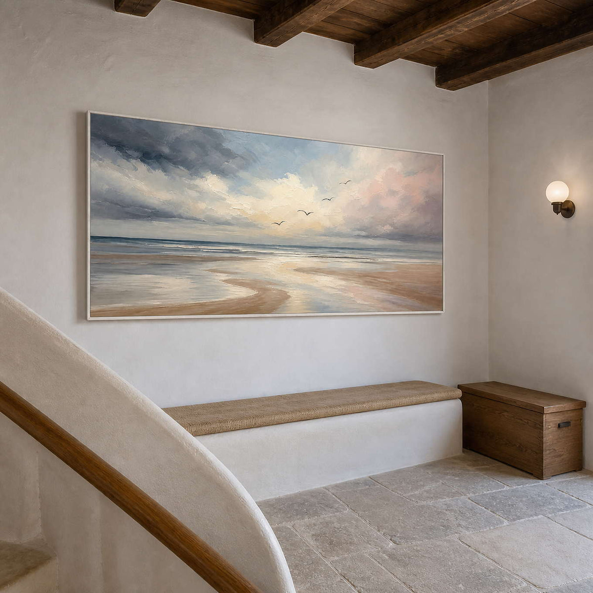 Textured coastal wall art in a serene Hydra stair landing.