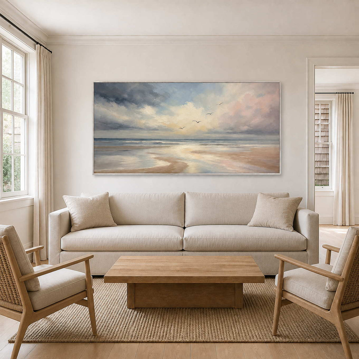 Textured coastal wall art displayed in a bright Long Island living room.