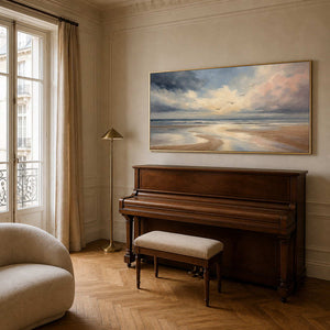Textured coastal wall art displayed in a refined Biarritz music room.
