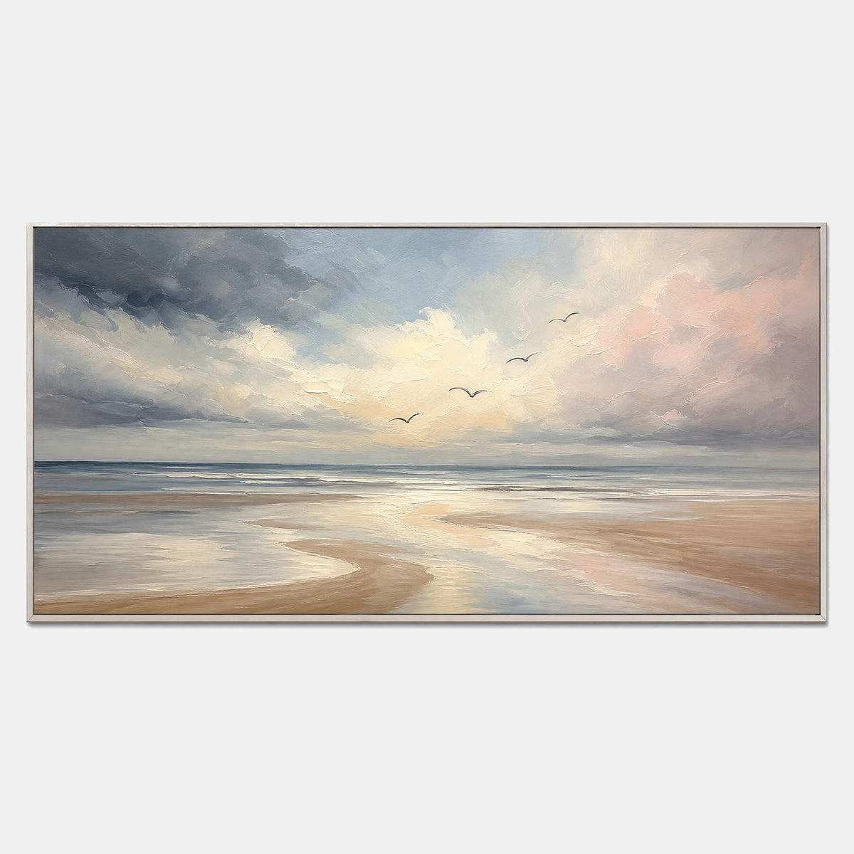 Hand-painted coastal wall art with pale blue, blush, and ivory shoreline.