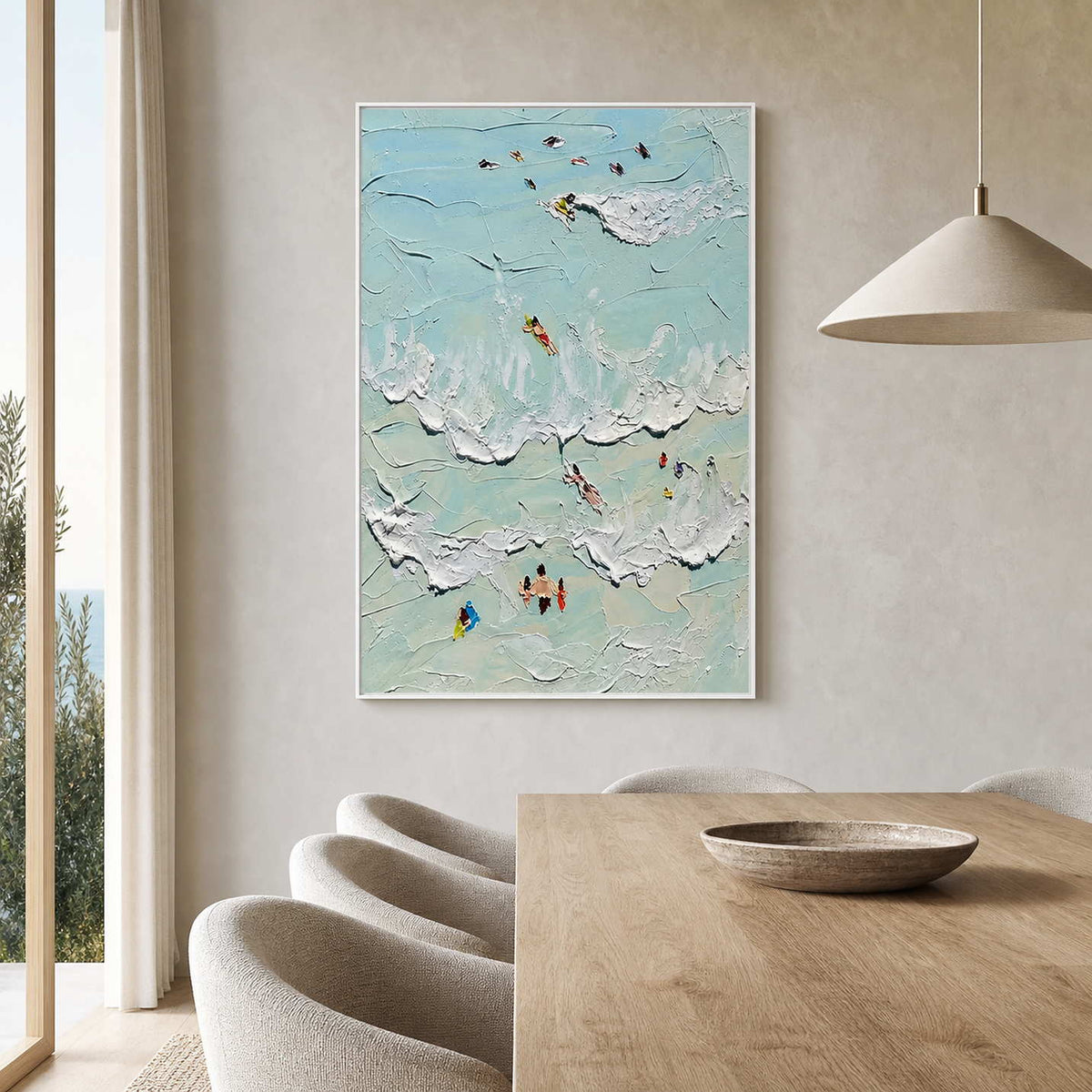 Textured swimmer artwork displayed in a light modern dining room.
