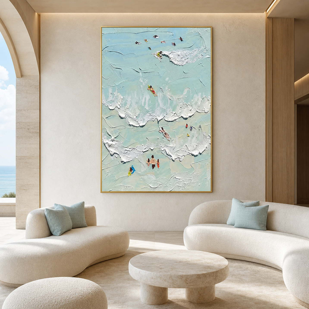 Large blue coastal painting in an airy boutique hotel lounge.