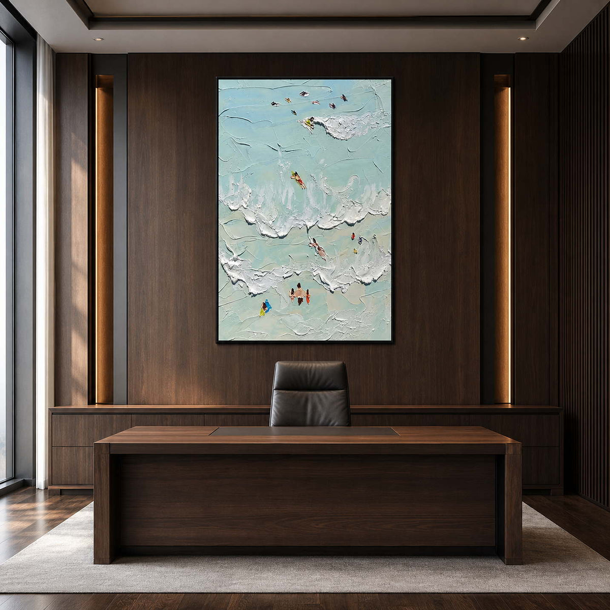 Vertical coastal wall art in a refined dark wood office.