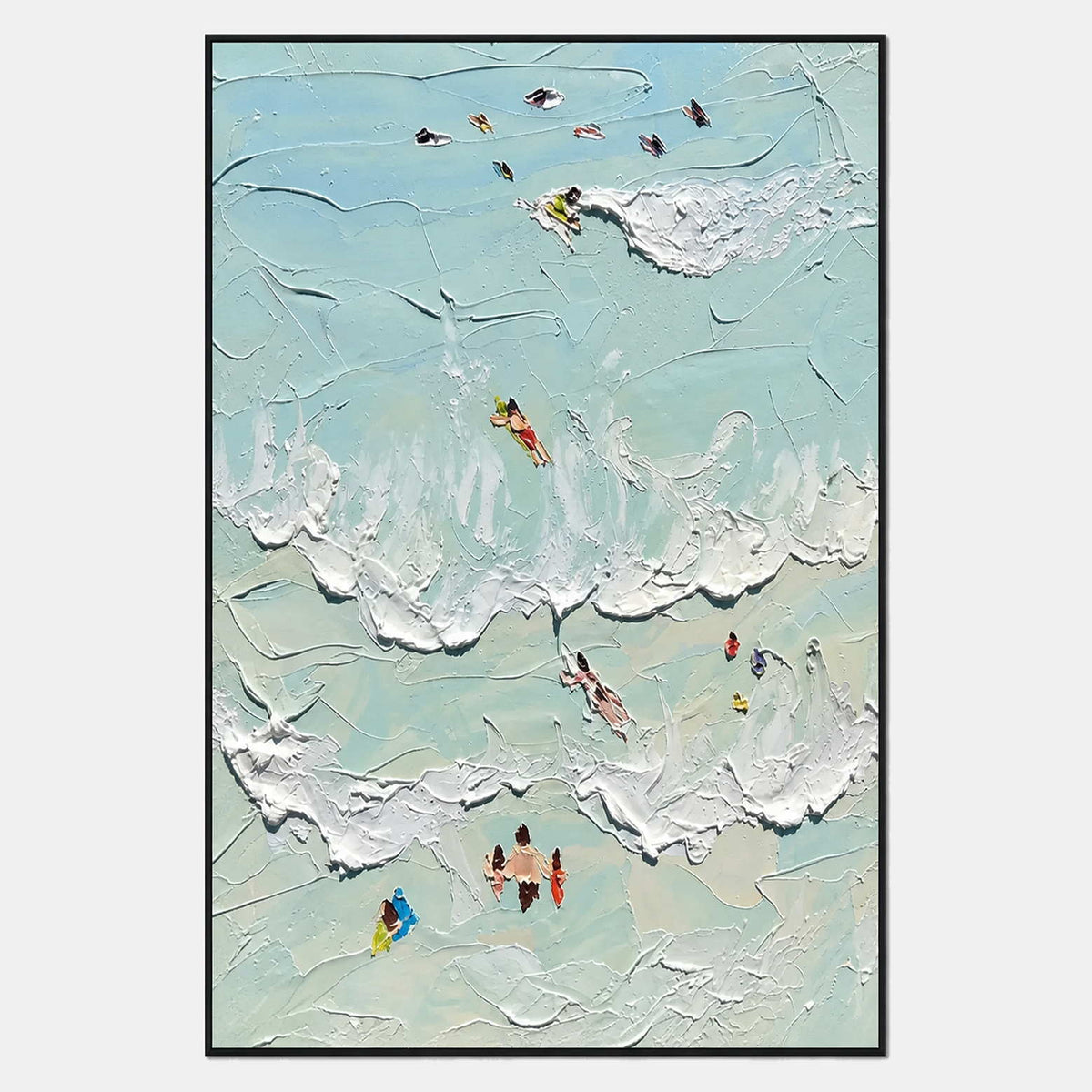 Hand-painted blue coastal canvas with swimmers and raised ivory waves.