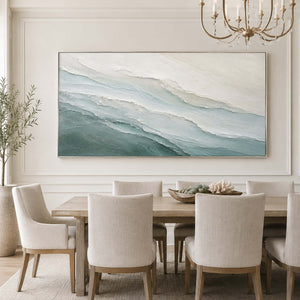 Blue and white coastal canvas in a refined dining room.