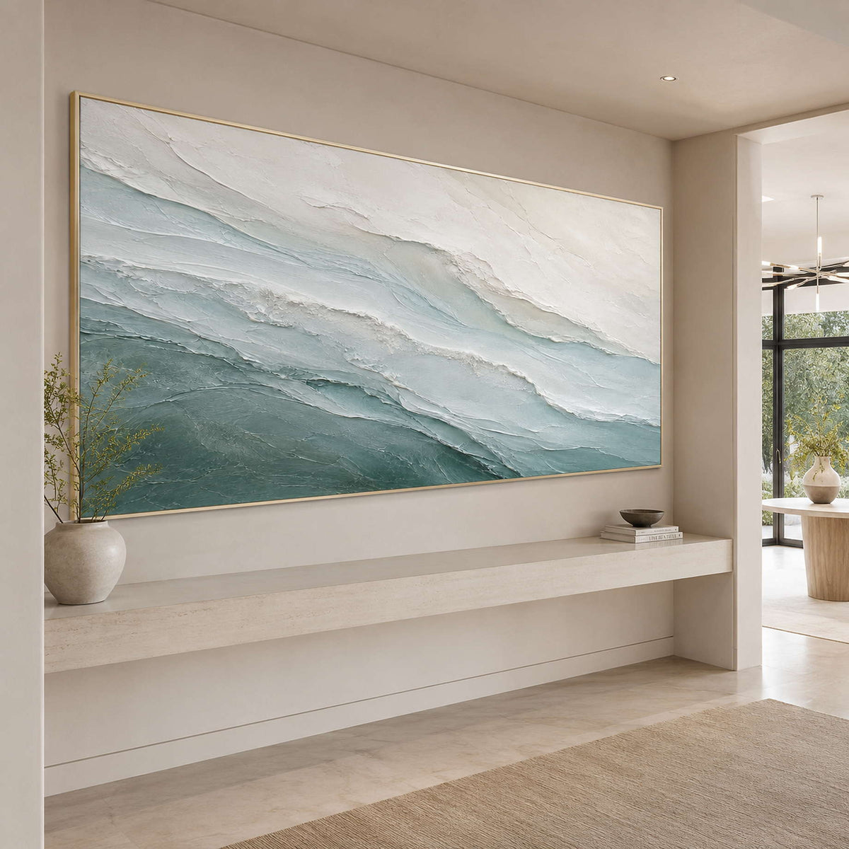 Hand-painted coastal canvas for hospitality interiors.
