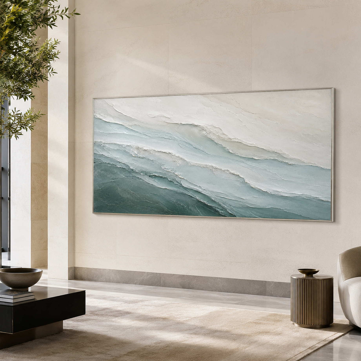 Textured coastal wall art displayed in a hotel lobby.