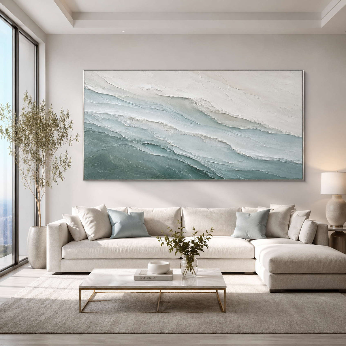 Soft coastal wall art styled in a modern living room.