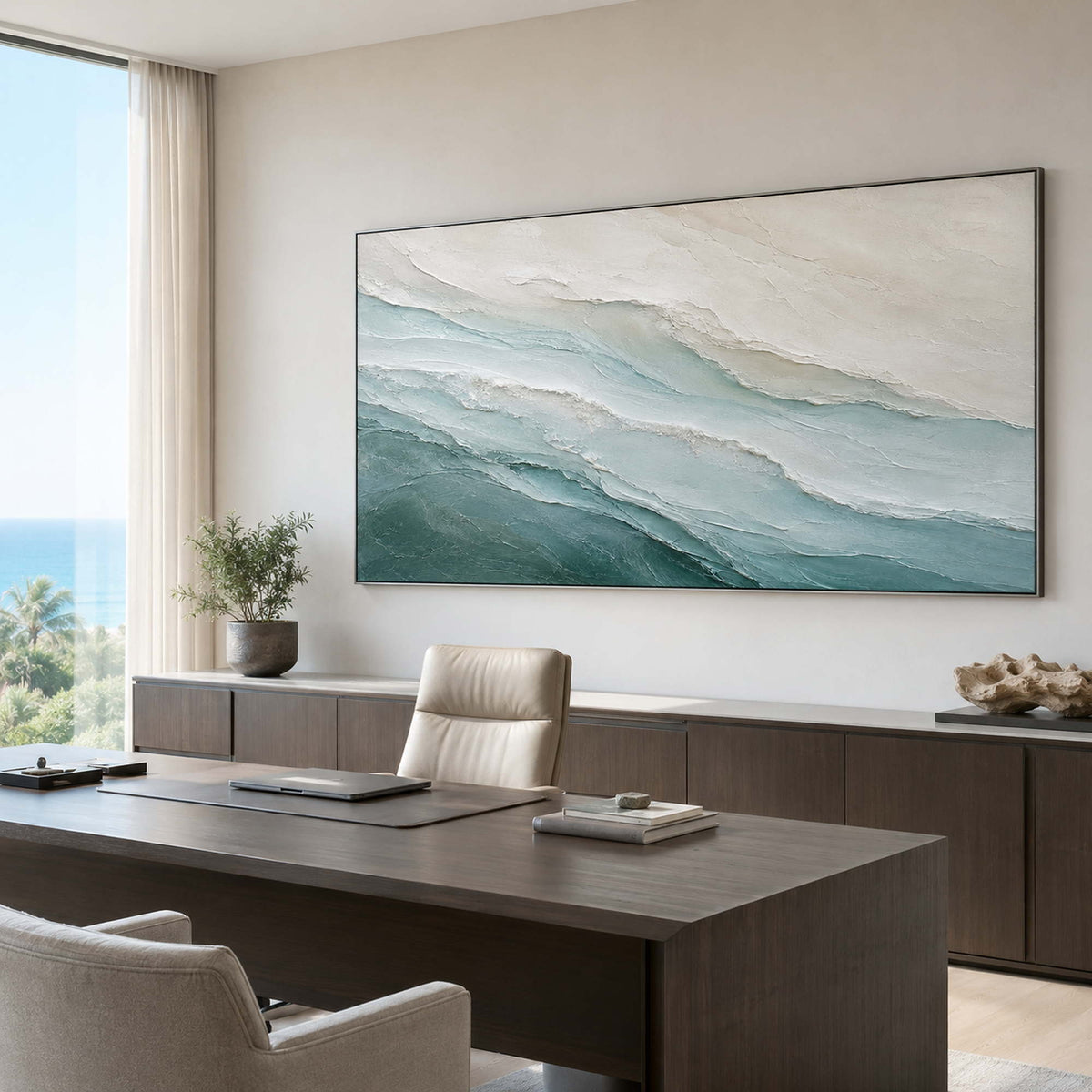 Textured coastal canvas for a calm office.