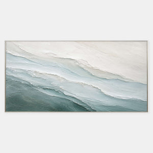 Hand-painted textured coastal canvas with soft blue and ivory layers.