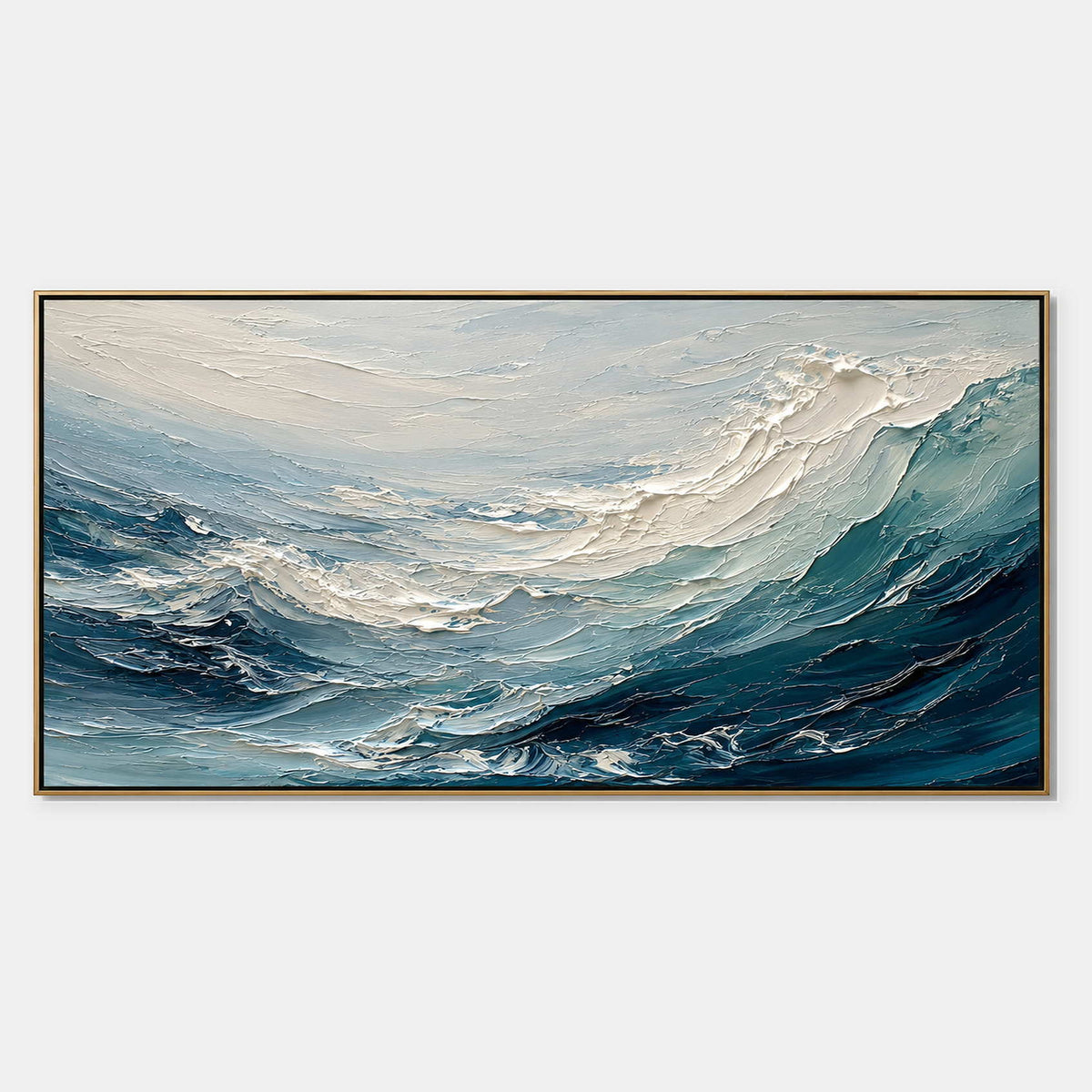 Hand-painted textured ocean canvas with blue waves.