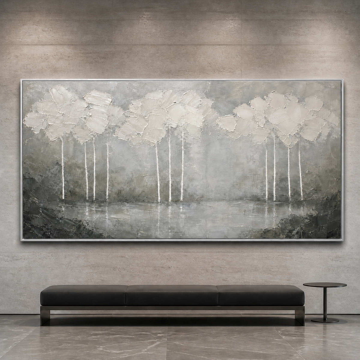 Textured landscape wall art displayed in a refined art institution VIP lounge.