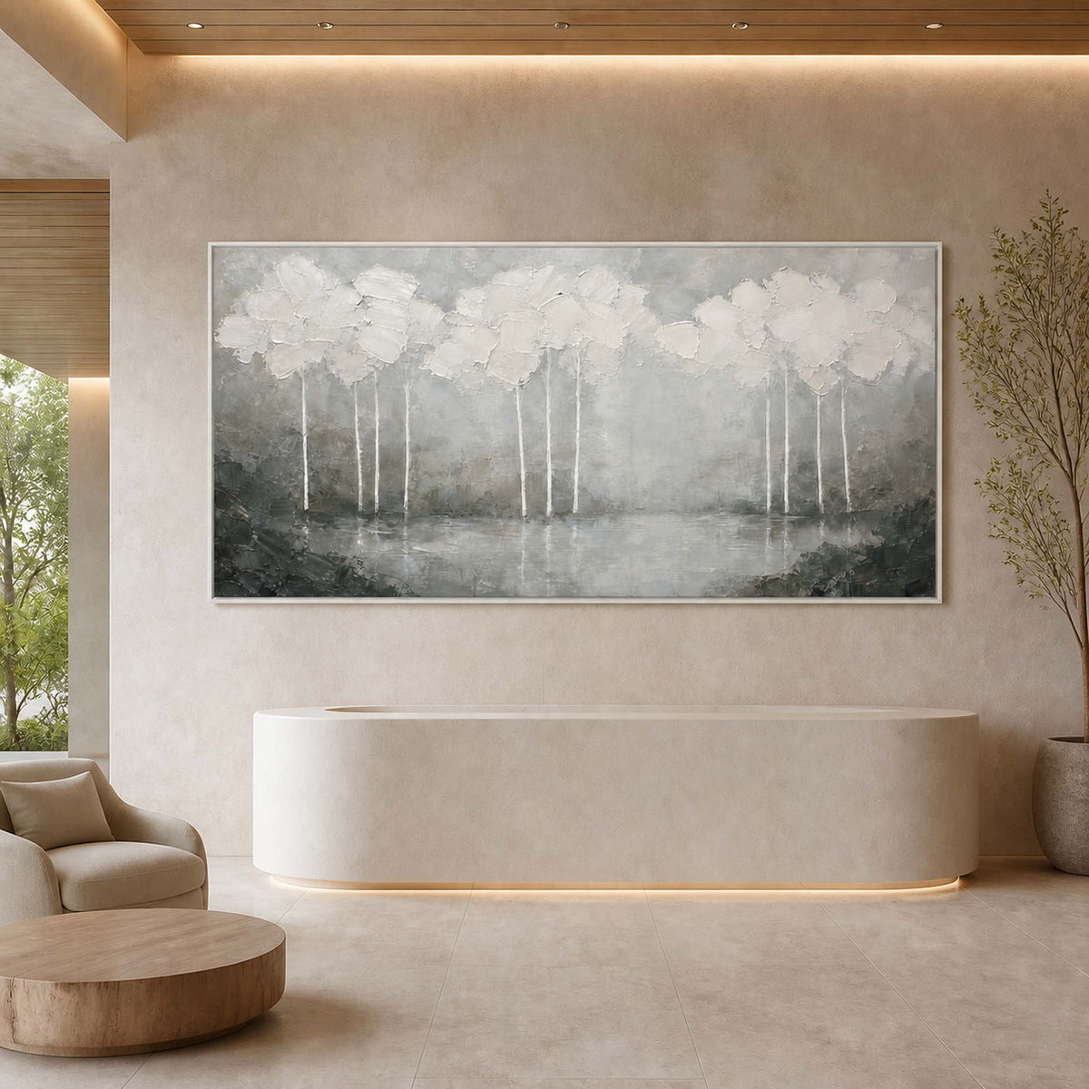 Textured landscape wall art displayed in a refined luxury spa reception.