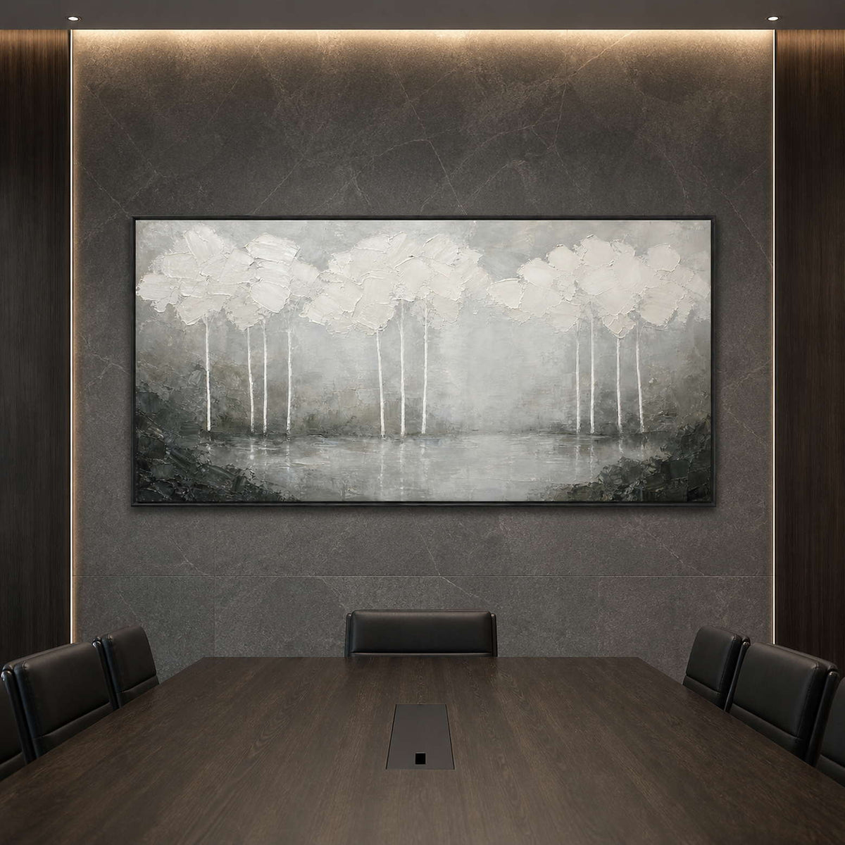 Textured landscape wall art displayed in a refined modern boardroom.