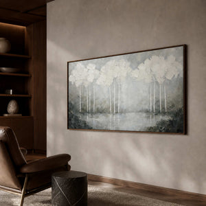 Textured landscape wall art displayed in a refined private library.