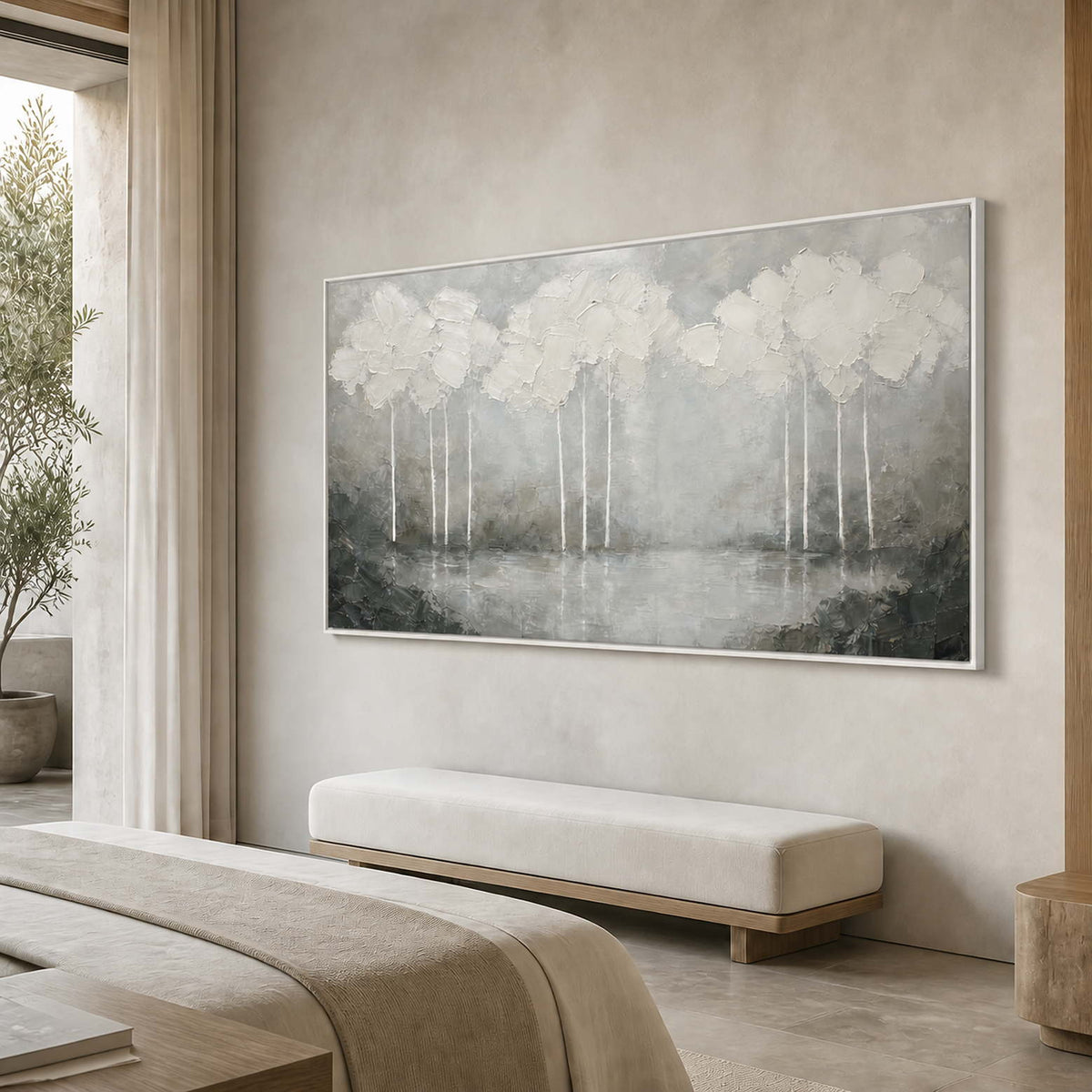Textured landscape wall art displayed in a refined retreat hotel suite.