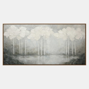 Hand-painted textured landscape wall art in white, pearl gray, and charcoal.