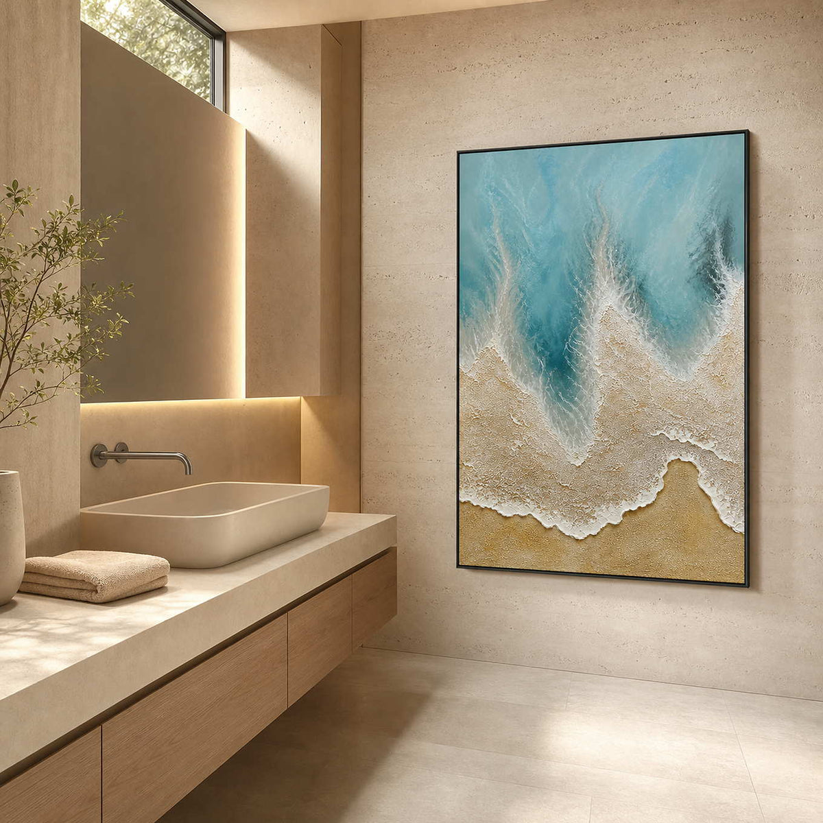 Textured Coastal Wall Art displayed in a refined bathroom.