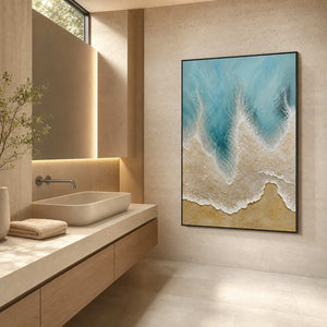 Textured Coastal Wall Art displayed in a refined bathroom.