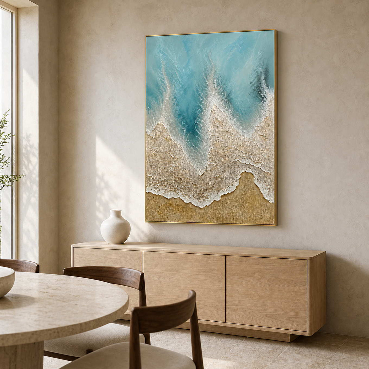 Textured Coastal Wall Art displayed in a refined dining room.