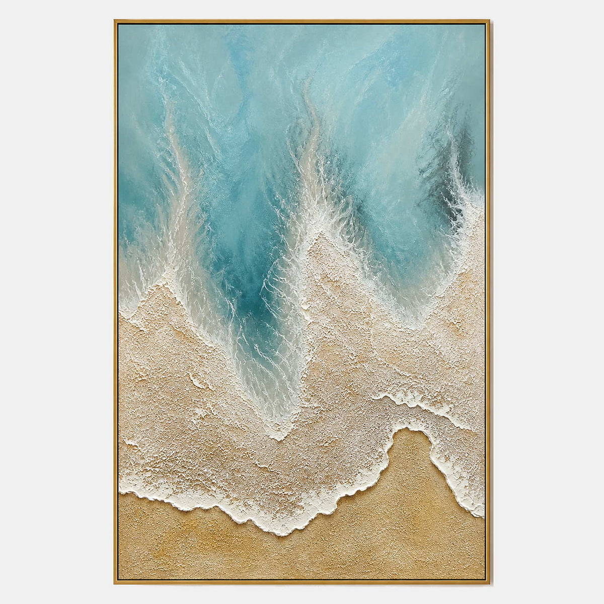 Hand-painted textured coastal wall art with blue, white, and earth tones tones.