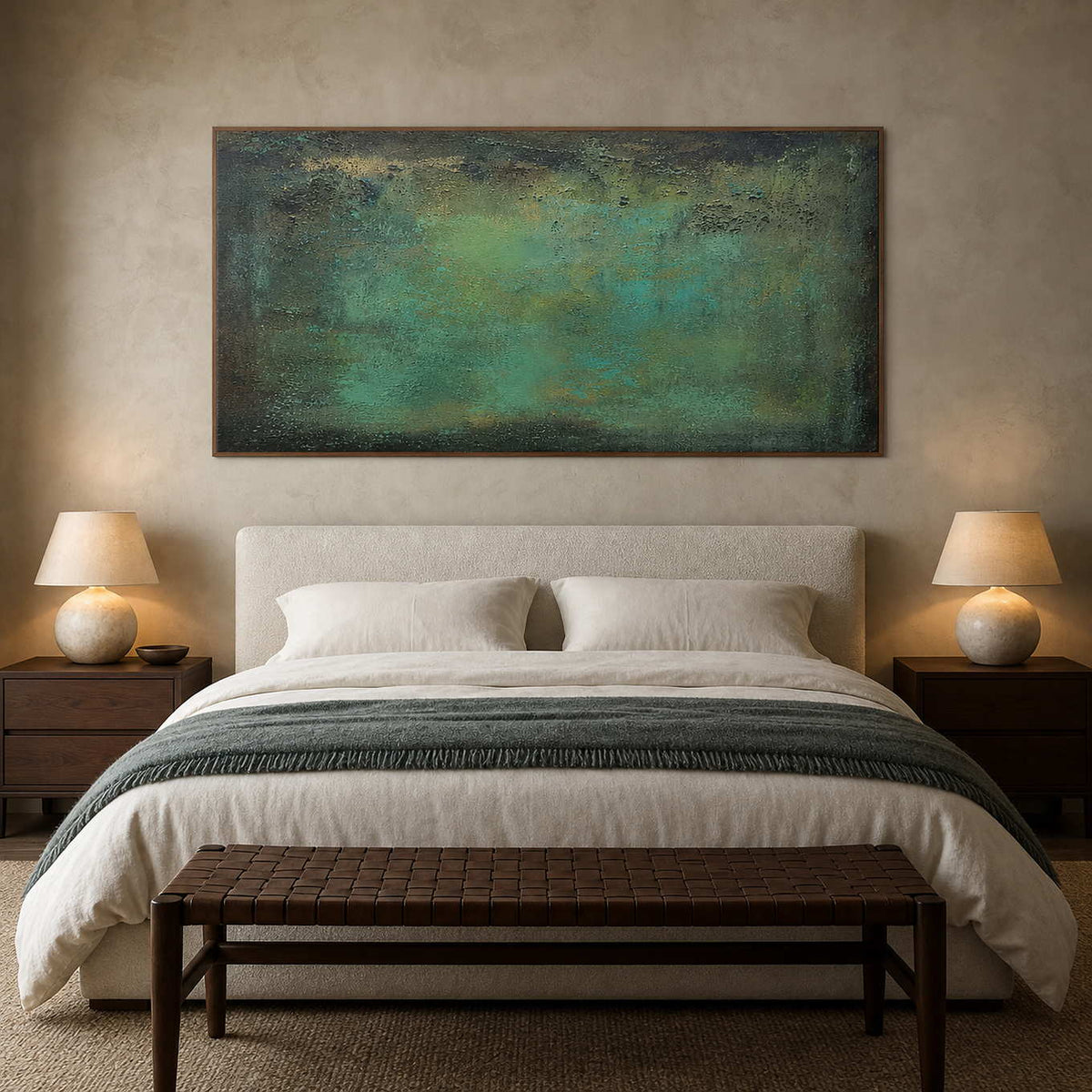 Atmospheric green textured wall art above a quiet modern bedroom.