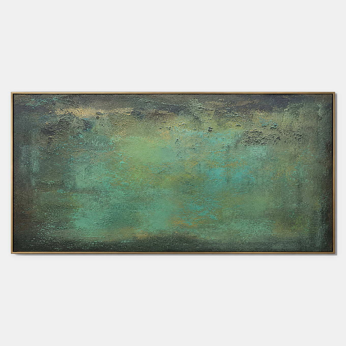Panoramic verdigris green, charcoal, and muted gold textured painting.